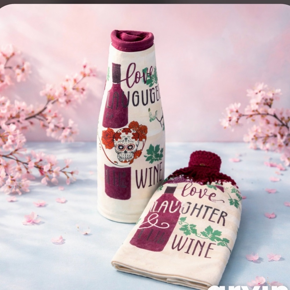 Decorative Wine Glass and Towel Set - Red and White